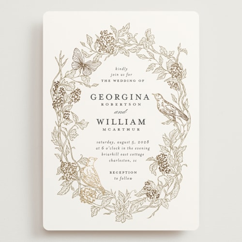 This is a lace wedding invitations with foil pressed by Grae called meet me in the garden printing on signature in grand