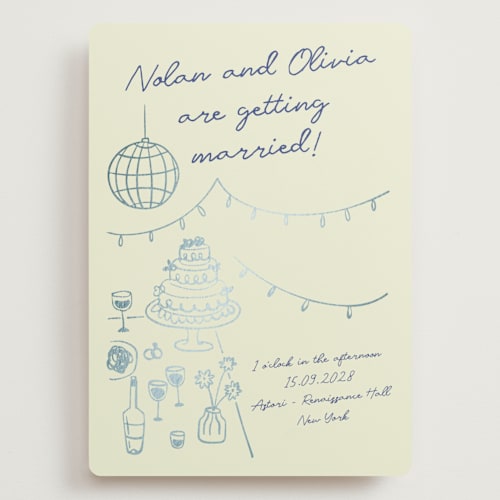 This is a disco blue wedding invitations with foil pressed by Zove Ahhh called party on! printing on signature in grand