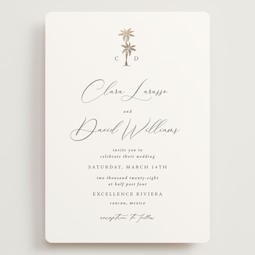 This is a leaf wedding invitations with foil pressed by Olivia Raufman called palm monogram printing on signature in grand