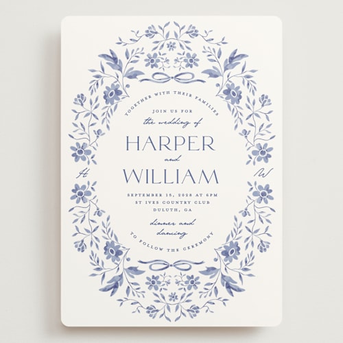 This is a blue willow wedding invitations with standard by Susan Zinader called daisy toile printing on signature in grand