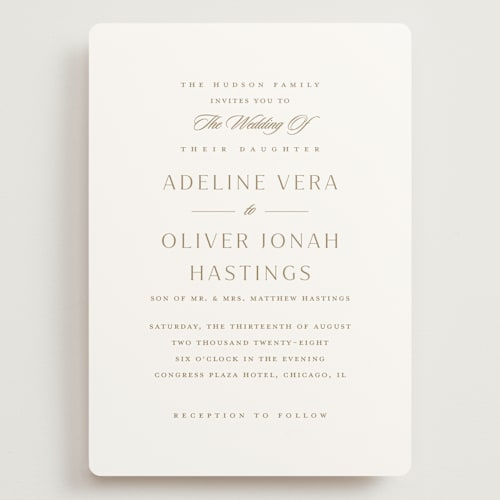 This is a golden wedding invitations with standard by Stacey Meacham called classic decorum printing on signature in grand