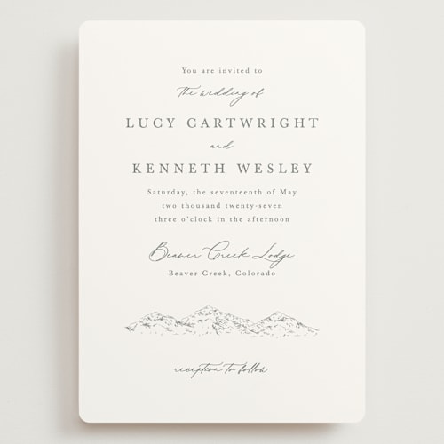 This is a pewter wedding invitations with standard by Sarah Brown called mountainview printing on signature in grand