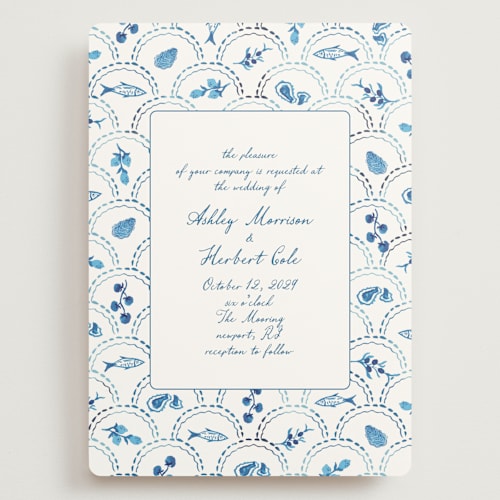 This is a cerulean wedding invitations with standard by Tamara Hilje called positano printing on signature in grand