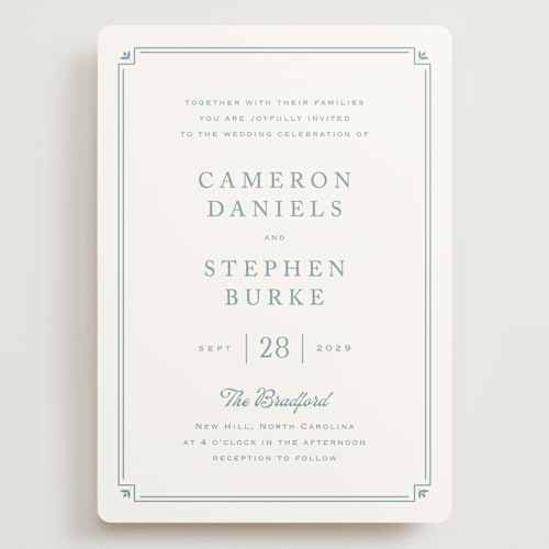 This is a french blue wedding invitations with standard by Carolyn MacLaren called fleur corner printing on signature in grand