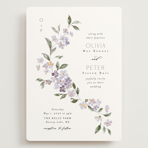This is a periwinkle wedding invitations with standard by Itsy Belle Studio called sweeping vine printing on signature in grand