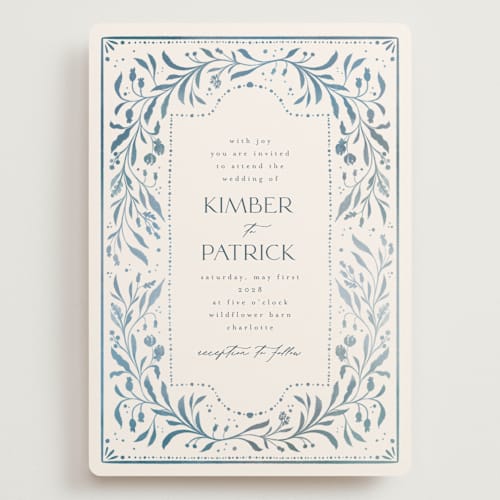 This is a delft blue wedding invitations with standard by Ashley DeMeyere called porcelain printing on signature in grand