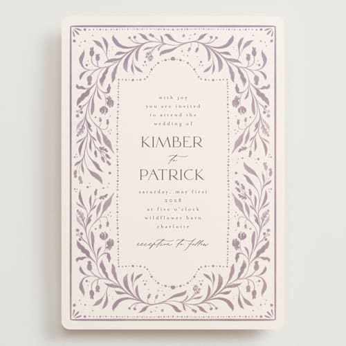 This is a lavender dusk wedding invitations with standard by Ashley DeMeyere called porcelain printing on signature in grand