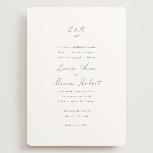 This is a sage wedding invitations with standard by Sara Hicks Malone called signature monogram printing on signature in grand