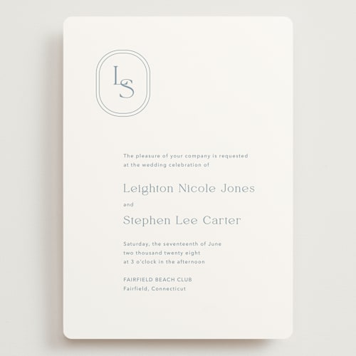 This is a lakeshore blue wedding invitations with standard by Jennifer Postorino called leighton printing on signature in grand