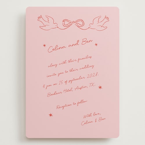 This is a peach wedding invitations with standard by Helena Vitto called the bird song printing on signature in grand