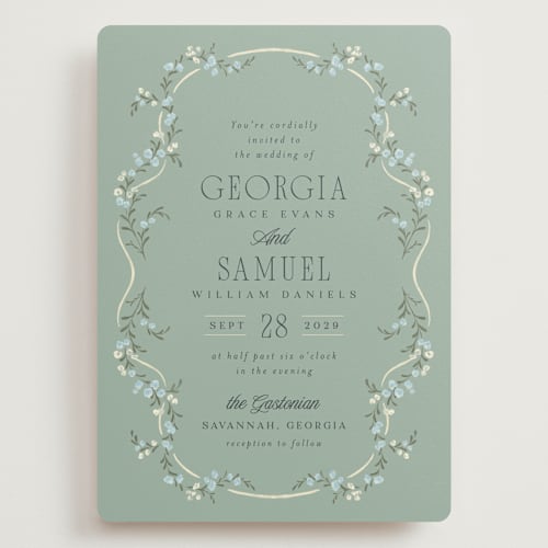 This is a buttermint wedding invitations with standard by Laura Hankins called trailing garden printing on signature in grand