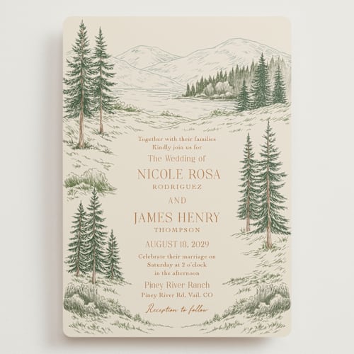 This is a forest wedding invitations with standard by Elly called whispering pines printing on signature in grand