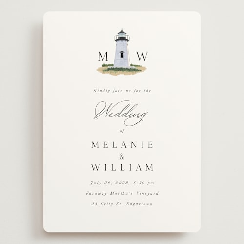 This is a snow wedding invitations with standard by Becky Nimoy called east coast lighthouse printing on signature in grand