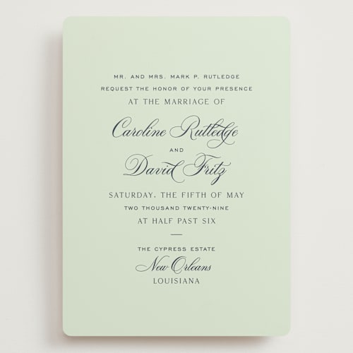 This is a mint wedding invitations with standard by Megan Davis called nola printing on signature in grand