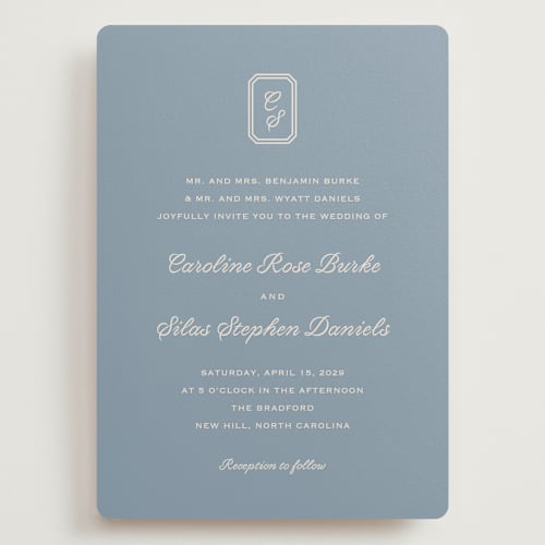 This is a french blue wedding invitations with standard by Carolyn MacLaren called bevel monogram printing on signature in grand