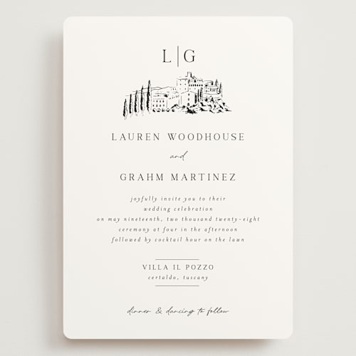 This is a noir wedding invitations with standard by Shiny Penny Studio called countryside villa printing on signature in grand