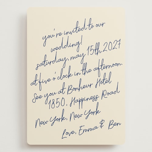 This is a blue velvet wedding invitations with standard by Helena Vitto called handwritten letter printing on signature in grand