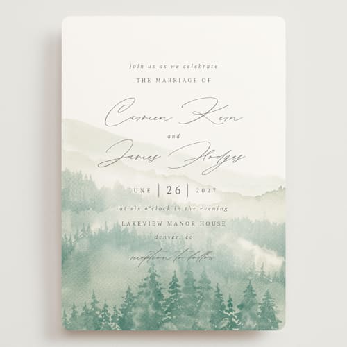 This is a misty aquamarine wedding invitations with standard by Helen Halik called over the mountains printing on signature in grand
