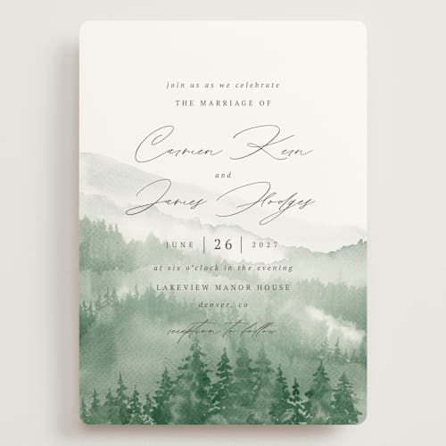 This is a fern wedding invitations with standard by Helen Halik called over the mountains printing on signature in grand