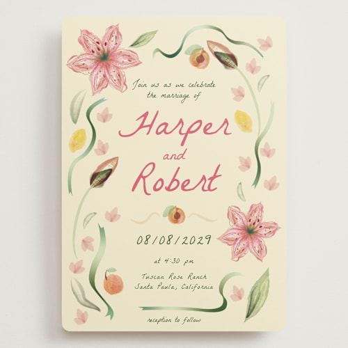 This is a blush wedding invitations with standard by Emily Miranda called romantic tropical wedding printing on signature in grand
