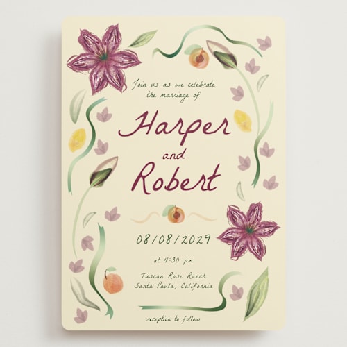 This is a lilac wedding invitations with standard by Emily Miranda called romantic tropical wedding printing on signature in grand