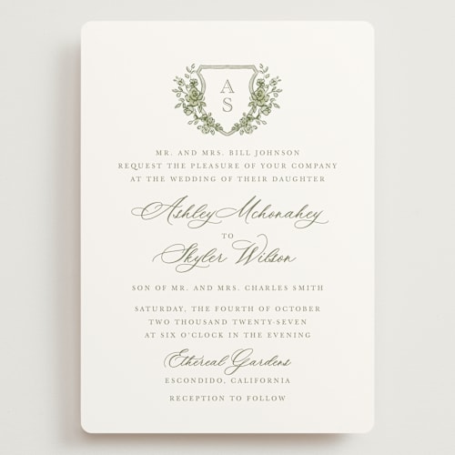This is a moss wedding invitations with standard by Cass Loh called watercolor flowers crest printing on signature in grand