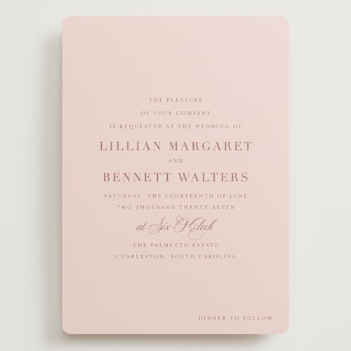 This is a blush wedding invitations with standard by Megan Davis called charleston printing on signature in grand