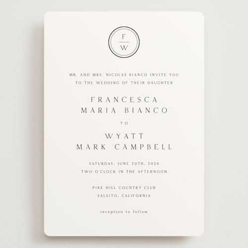 This is a cotton wedding invitations with standard by Stacey Meacham called circle monogram printing on signature in grand