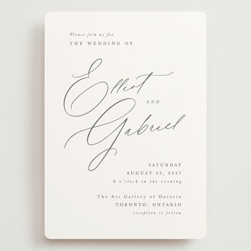 This is a pearl wedding invitations with standard by Hooray Creative called scripted names printing on signature in grand