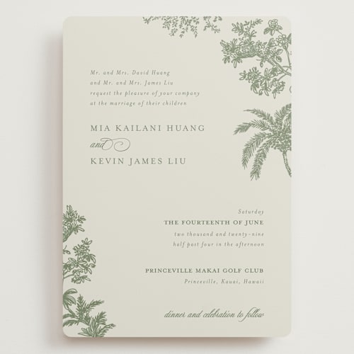 This is a jungle wedding invitations with standard by Jenna Holcomb called vintage tropics printing on signature in grand