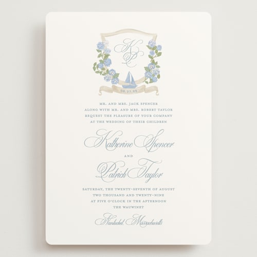 This is a ocean wedding invitations with standard by Creo Study called coastal crest printing on signature in grand