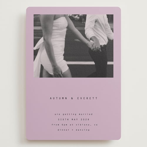 This is a lavender wedding invitations with standard by Blustery August called nonnette printing on signature in grand