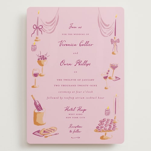 This is a mulberry wedding invitations with standard by Sarah Rosenthal called velvet cherry printing on signature in grand