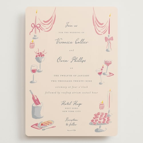 This is a blush wedding invitations with standard by Sarah Rosenthal called velvet cherry printing on signature in grand