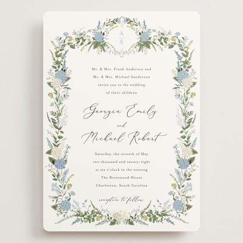 This is a coastal wedding invitations with standard by Susan Moyal called hydrangea vine printing on signature in grand