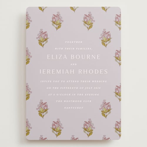 This is a violet wedding invitations with standard by Olivia Kanaley Inman called blockprint printing on signature in grand