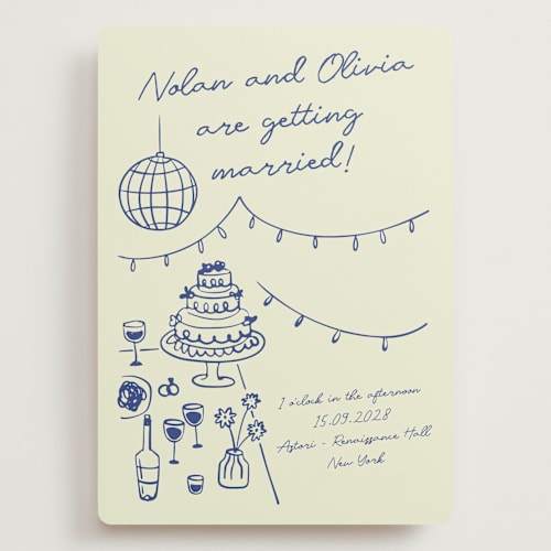 This is a disco blue wedding invitations with standard by Zove Ahhh called party on! printing on signature in grand