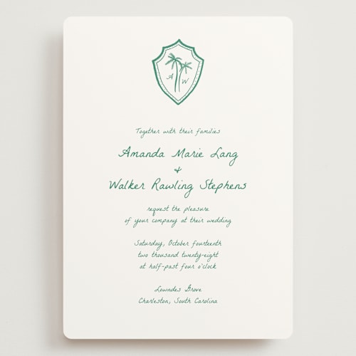 This is a palm wedding invitations with standard by Erika Firm called palm tree crest printing on signature in grand