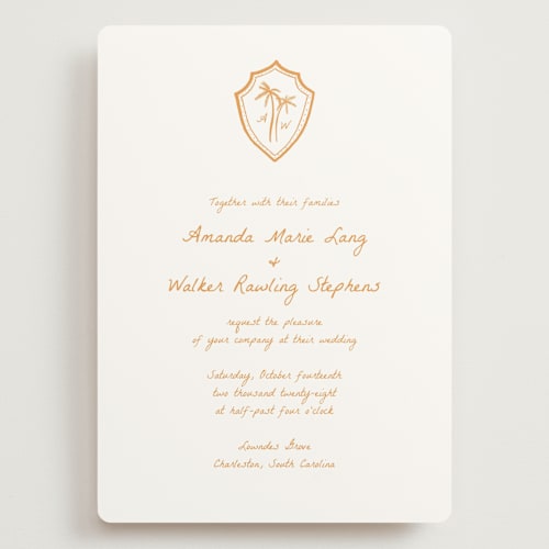 This is a mango wedding invitations with standard by Erika Firm called palm tree crest printing on signature in grand