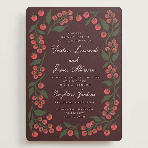 This is a plum wedding invitations with standard by Katharine Watson called cherry tomatoes printing on signature in grand