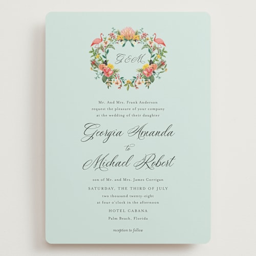 This is a papaya wedding invitations with standard by Susan Moyal called tropical crest printing on signature in grand