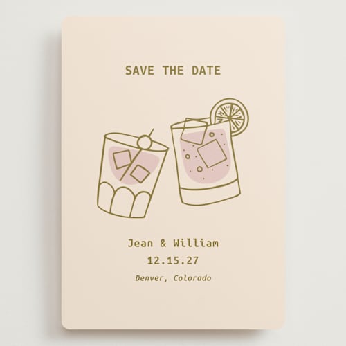 This is a sand save the date with standard by Becca Robinson called cheers! printing on signature in grand