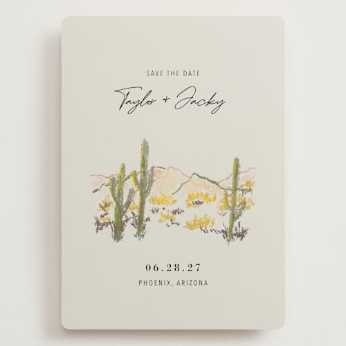 This is a olive save the date with standard by Cass Loh called desert crayon drawing printing on signature in grand