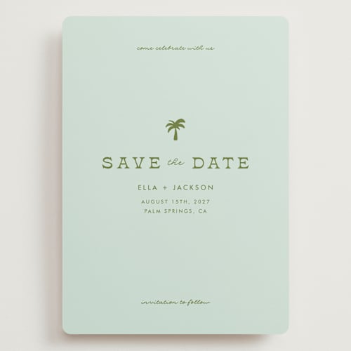 This is a ocean save the date with standard by Olivia Goree called vacation printing on signature in grand