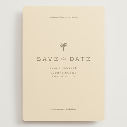 This is a sand save the date with standard by Olivia Goree called vacation printing on signature in grand