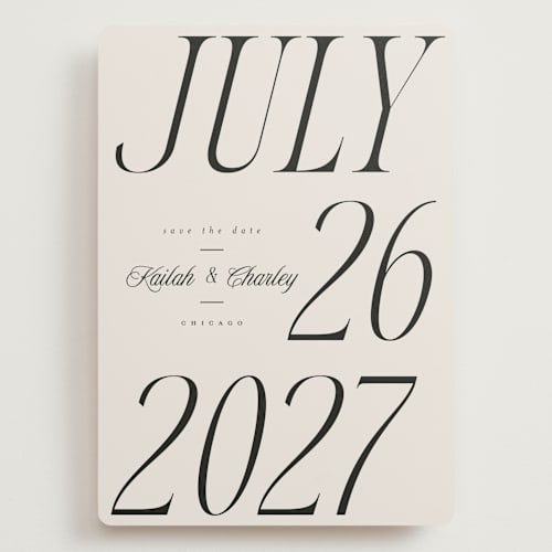 This is a ivory save the date with standard by Melanie Kosuge called grand printing on signature in grand