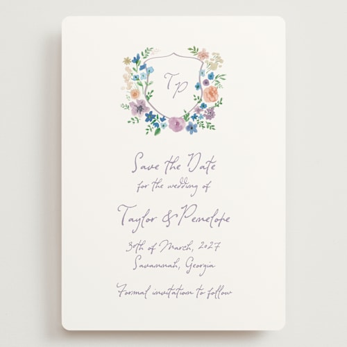 This is a lavender save the date with standard by Cass Loh called wildflowers crest printing on signature in grand