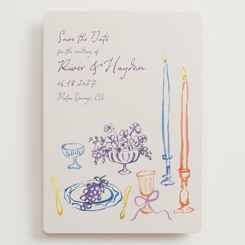 This is a hydrangea save the date with standard by Cass Loh called tablescape drawing printing on signature in grand