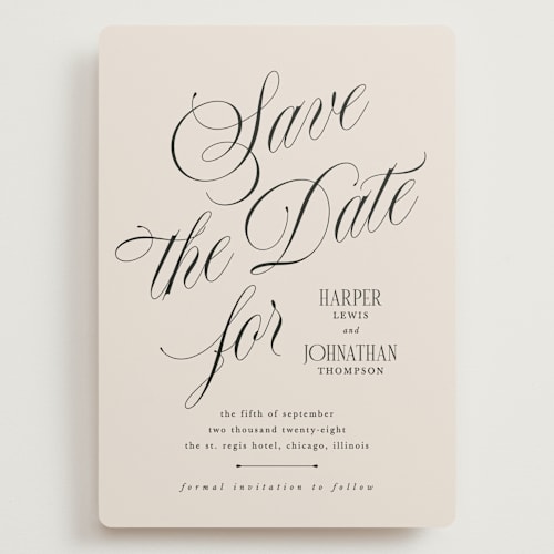 This is a linen save the date with standard by Kate Ahn called mirin printing on signature in grand