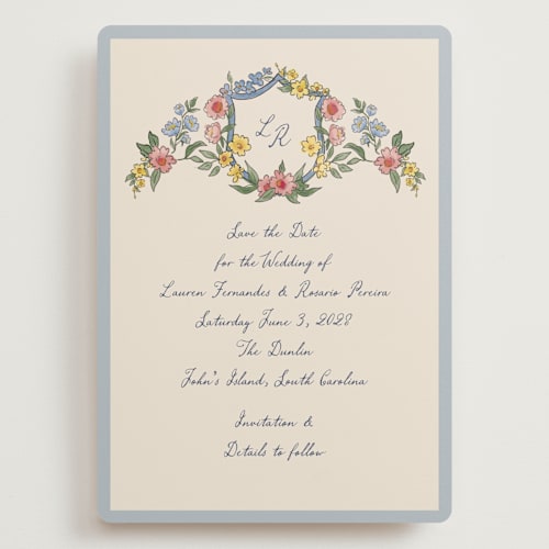 This is a cornflower save the date with standard by Chris Griffith called a wedding in low country printing on signature in grand